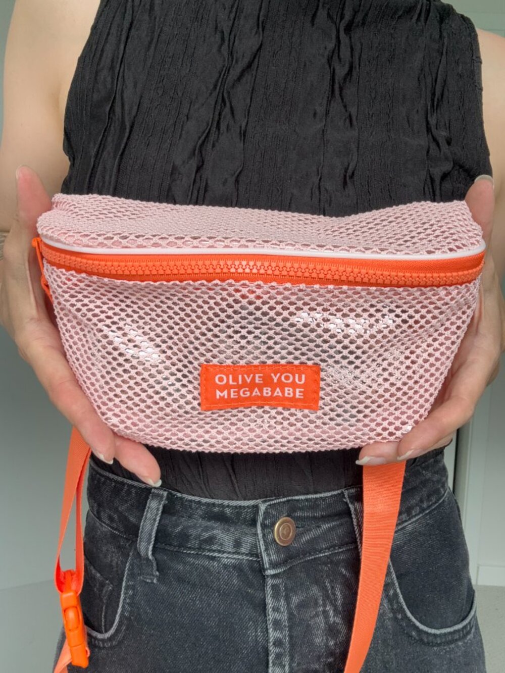 Olive You Megababe Pink Mesh Bag Neon Orange Adjustable Crossbody Fanny Pack - Picture 2 of 4